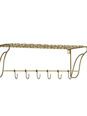 Etagère grillage Madam Stolz en laiton vieilli avec crochets en métal pour salle de bain ou cuisine.