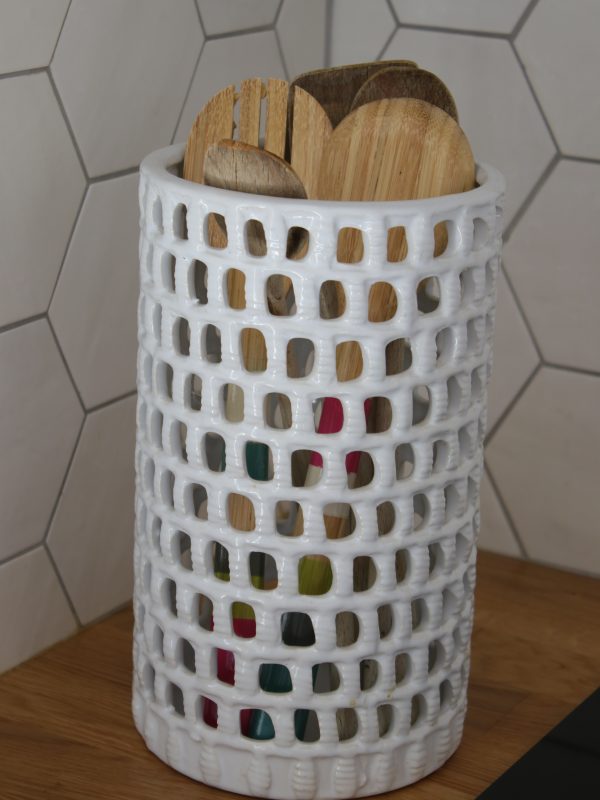 Pot à ustensiles de cuisine en céramique blanc ajouré, Hauteur 20.5cm