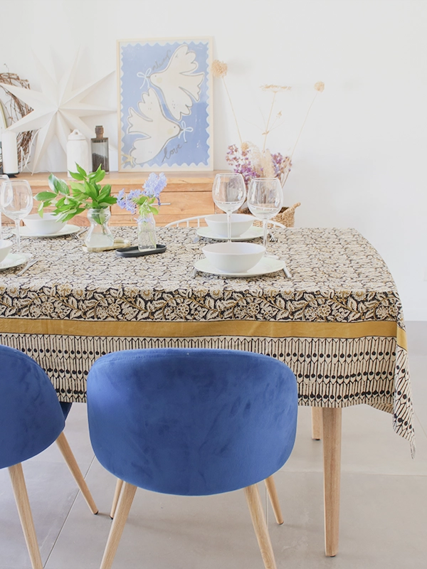 nappe indienne block print, marron. Fabrication et impression artisanale