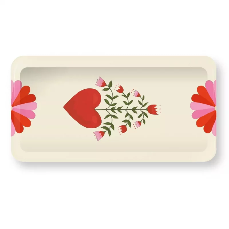 Plateau rectangulaire décoratif, design scandinave avec coeur rouge. Ultra resistant.